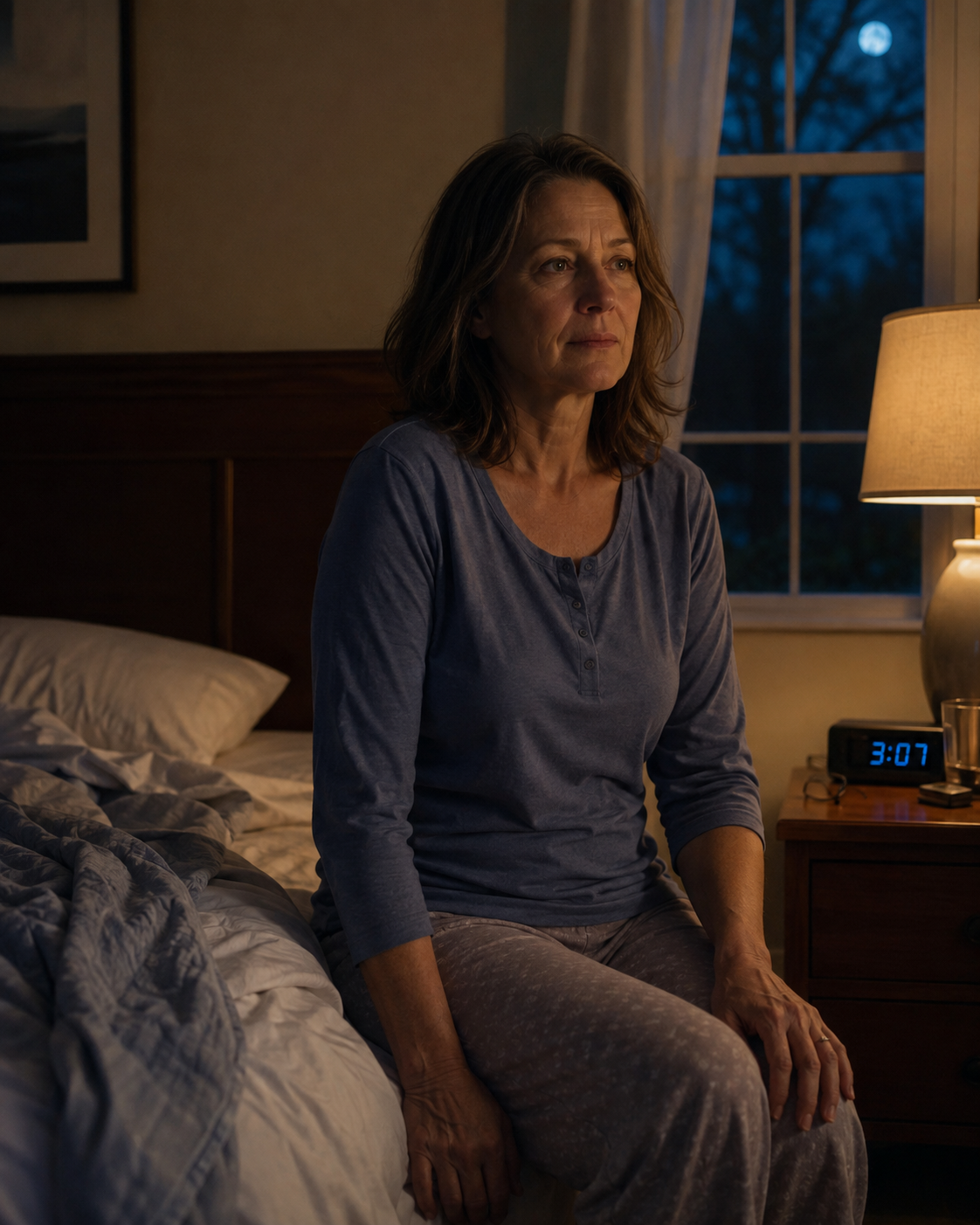 A woman awake at night before a demanding morning